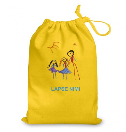 Nimeline kott Teie Lapse joonistusest valmistatud tikandiga